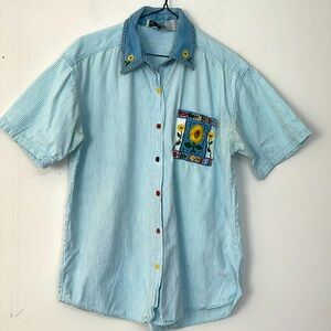 🌞 Way To Go vintage cottagecore blue button up prep shirt sunflower pocket M